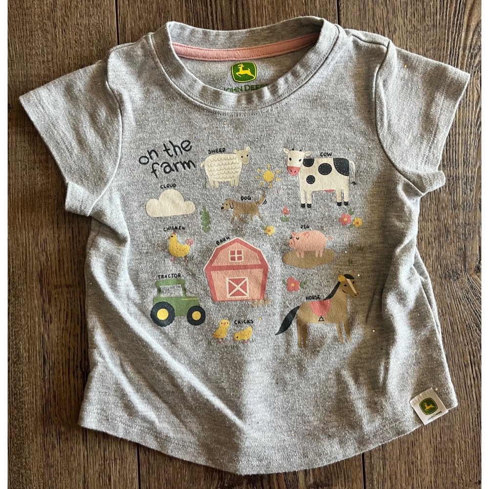 John Deere Toddler Girls Gray On The Farm Glitter Graphic T-Shirt 2T